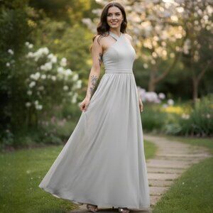 Lulus ✦ Air of Romance Maxi Dress ✦ Grey Georgette Modified Halter Neck S NWT
